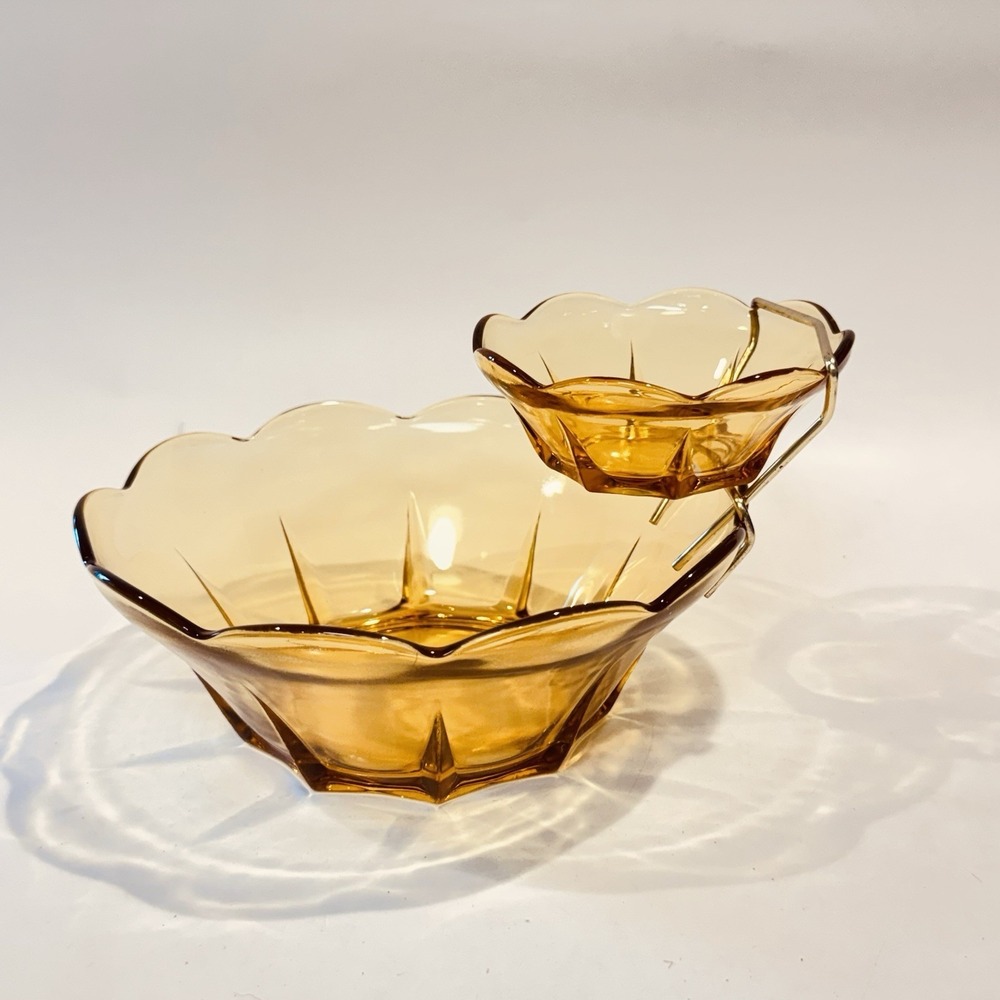Vintage Indiana Glass Amber Chip & Dip Set Starburst Scalloped Bowl w Metal Hold
